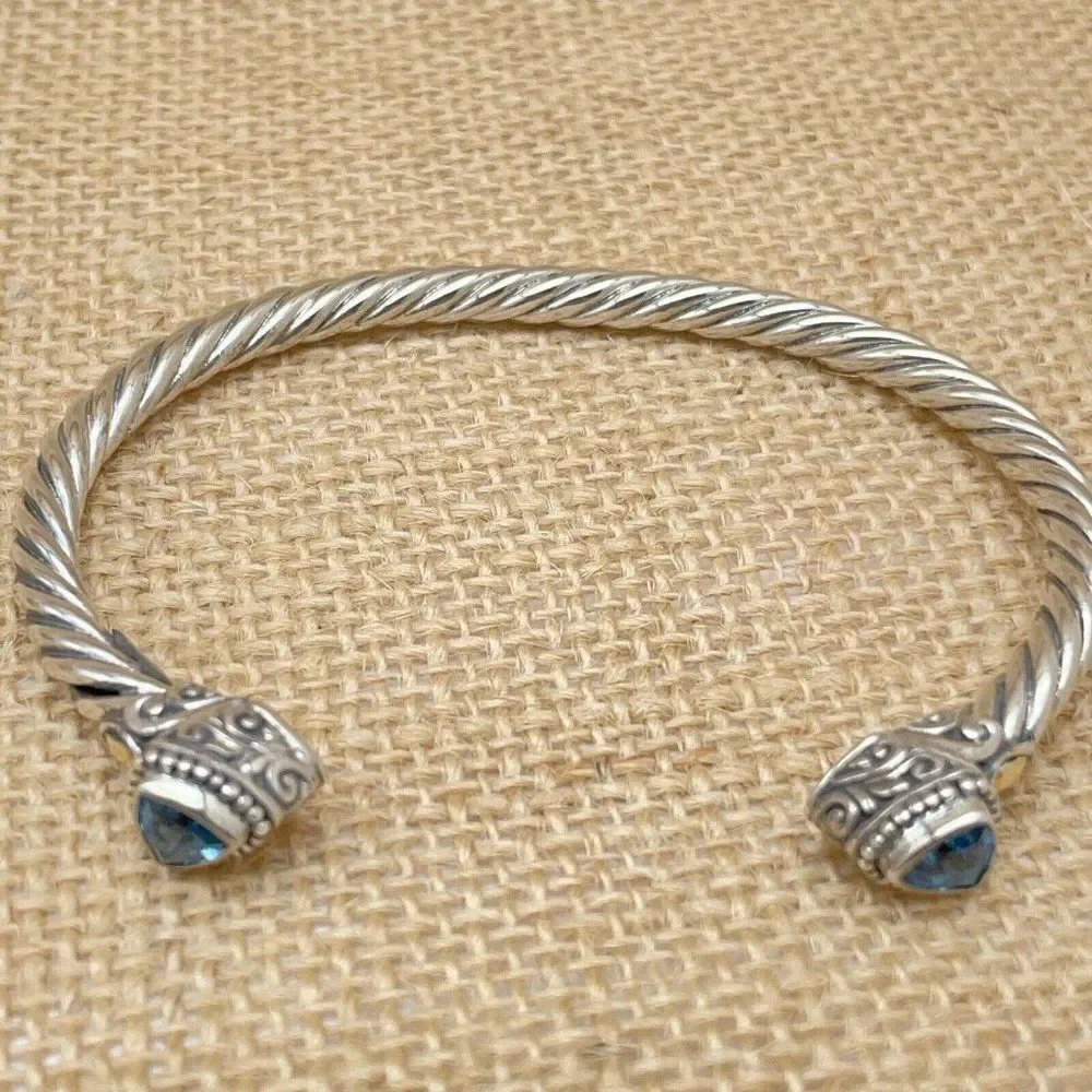 Cuff Bracelet Sterling Silver 18K Gold Blue Topaz Bali Designs Trillion Cut 6.75